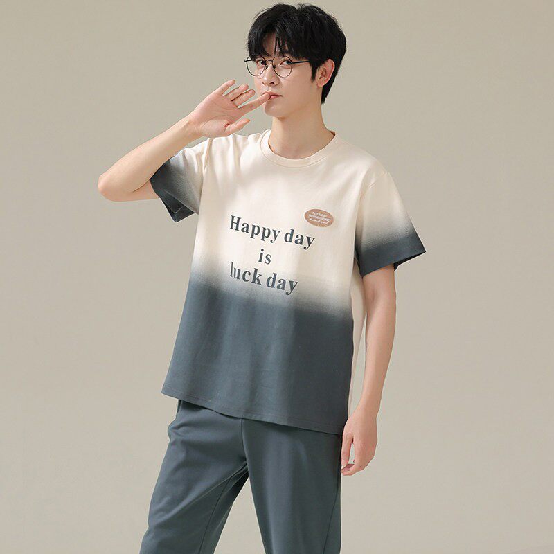 睡衣男士夏季天薄款纯棉新款短袖长裤简约青少年加大码家居服套装