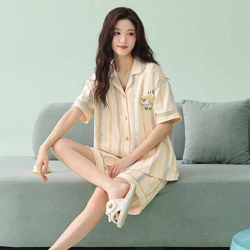 纯棉睡衣女款夏季薄款2026新款高级感可爱条纹短袖短裤家居服套装