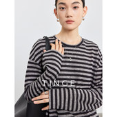 TINGE贴己慵懒随性条纹CleanFit亚麻质感T恤女2025新款 长袖 上衣