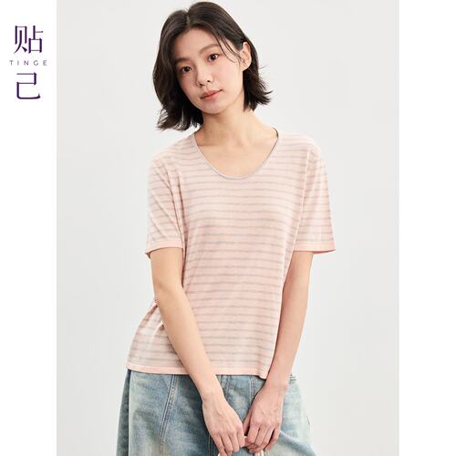 莱赛尔细条纹大圆领短袖T恤女