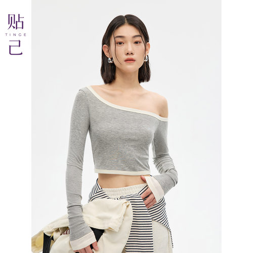 天丝斜肩露脐T恤女长袖