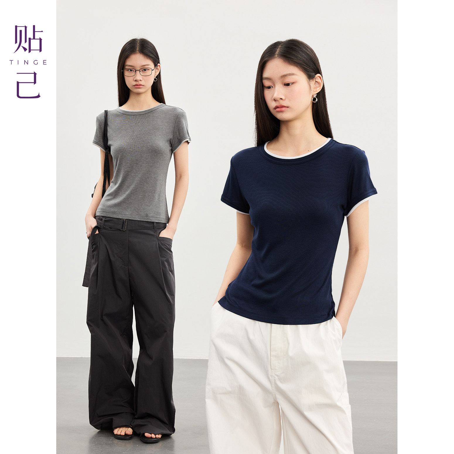 Mellow糯米修身撞色T恤女图片