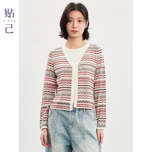 慵懒风层次感彩条系带针织开衫