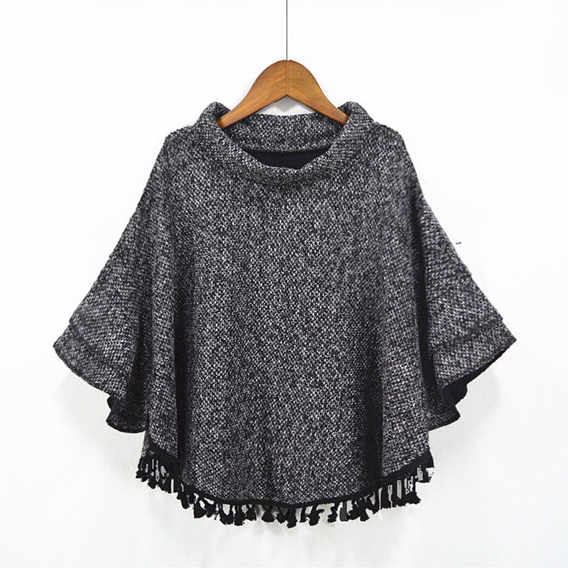 秋冬新款女式加绒套头披肩蝙蝠衫外套时尚百搭流苏半袖上衣斗篷女