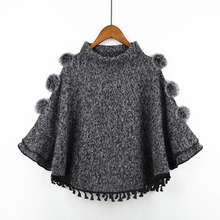 2025秋冬女装 外穿短外套披肩上衣宽松套头半高领流苏斗篷女 蝙蝠衫