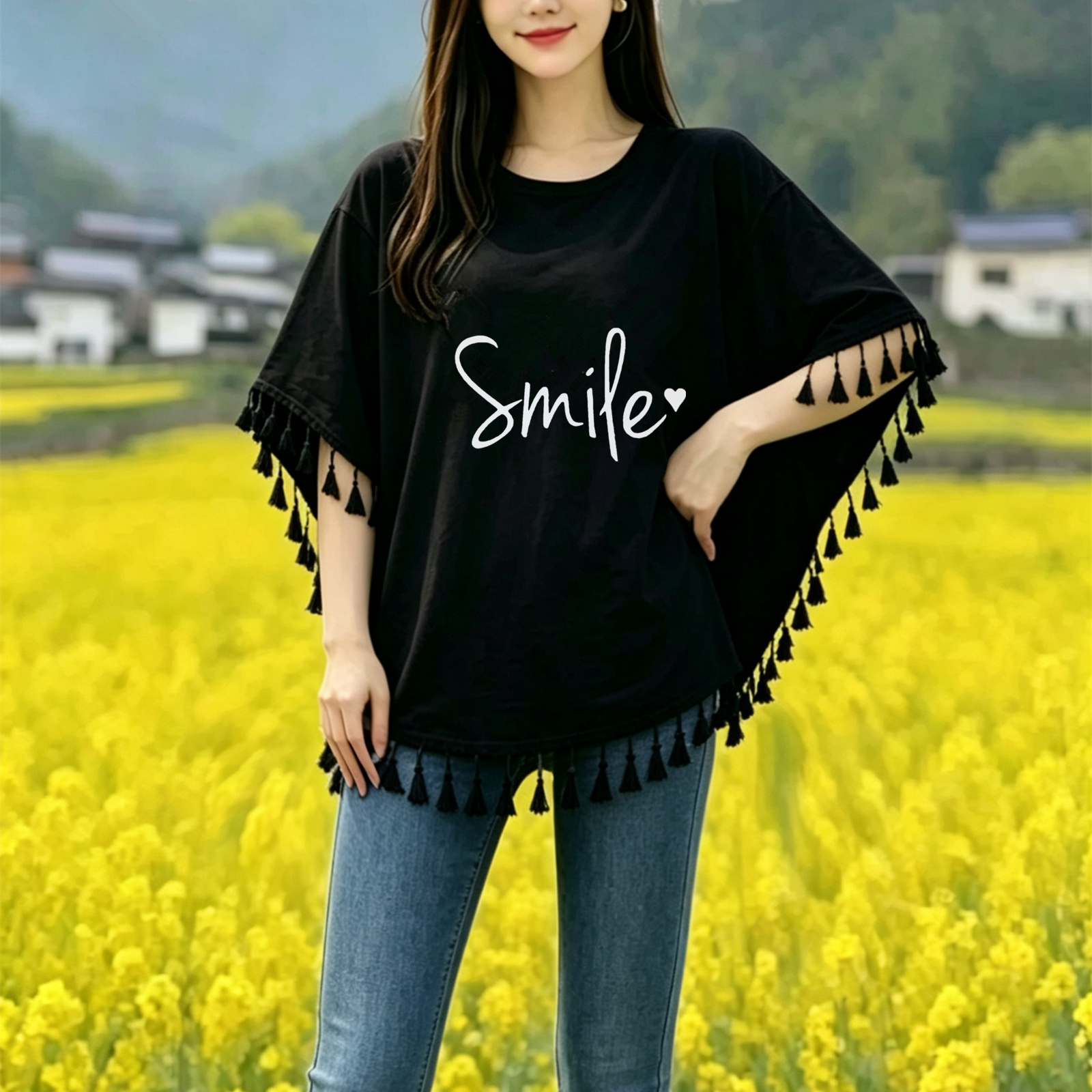 夏季新款女装纯棉宽松印花T恤蝙蝠衫圆领套头流苏大码百搭上衣女