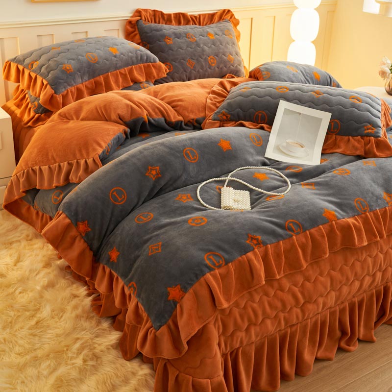 冬天夹棉加厚牛奶绒床盖四件套保暖花边款被套双面珊瑚绒被罩床单