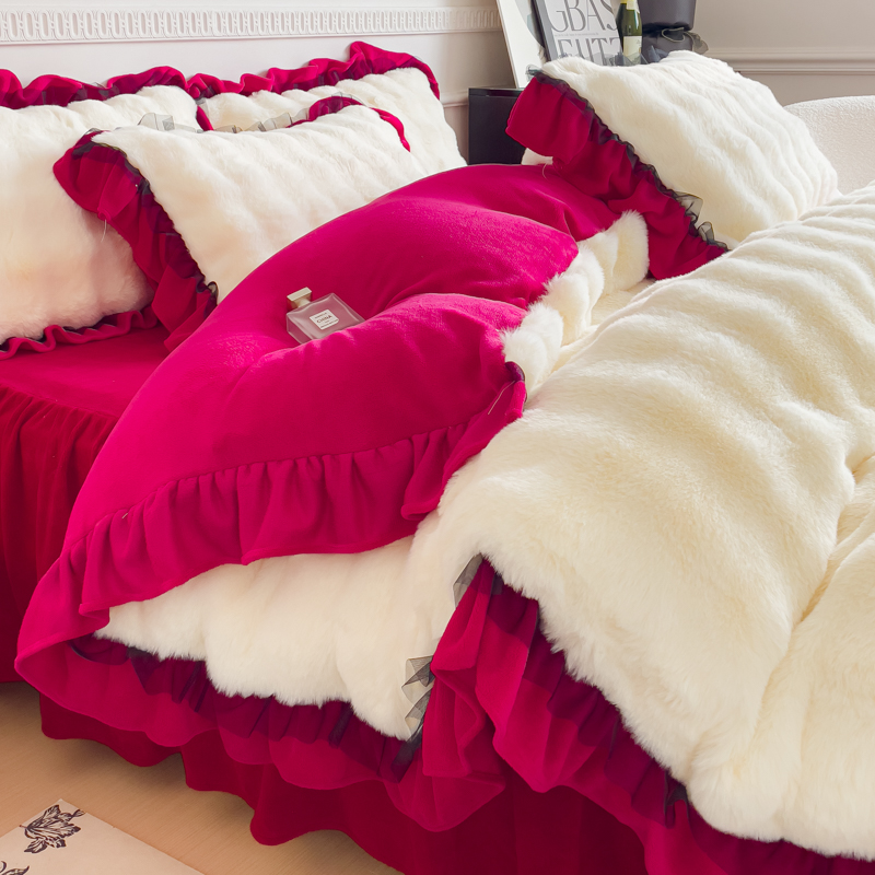 兔毛绒牛奶绒床品四件套床单床裙款冬季加厚双面加绒法兰珊瑚绒女
