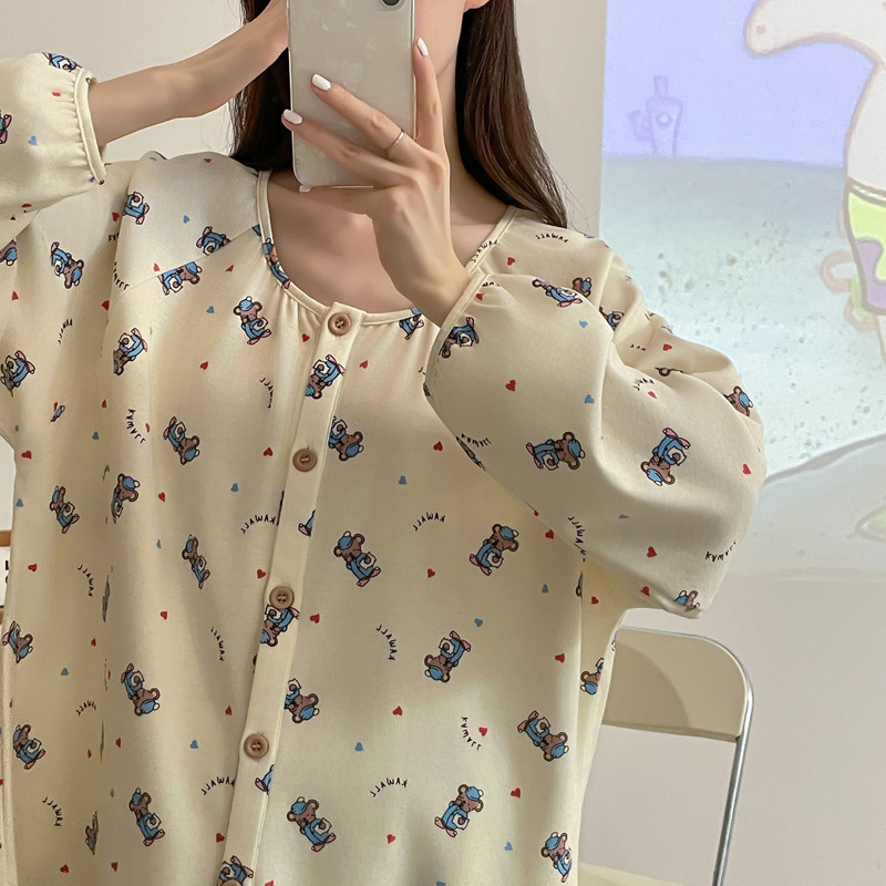 in韩风小熊睡衣女春秋季纯棉长袖宽松加大冬季可爱学生家居服套装