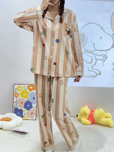 春秋季星星条纹史努比睡衣女款纯棉长袖卡通日系情侣家居服套装男