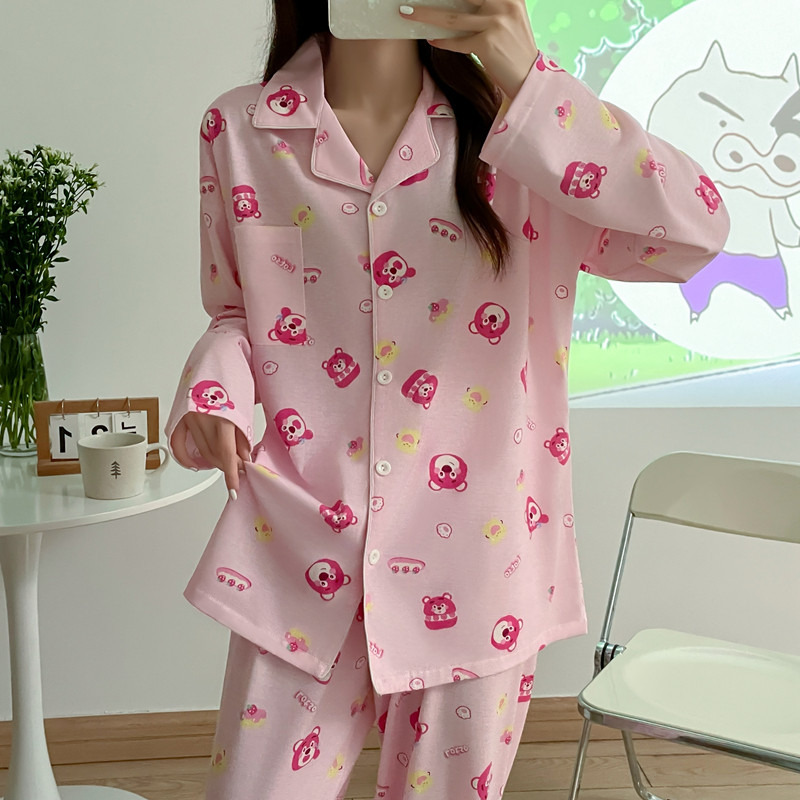 粉色草莓熊睡衣女款纯棉长袖春秋季卡通可爱两件套薄款家居服套装