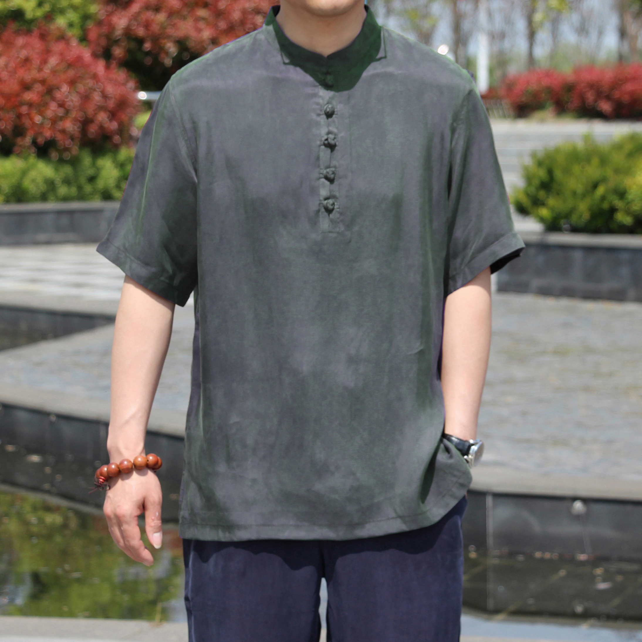 中式V领唐装重磅真丝短袖T恤衫