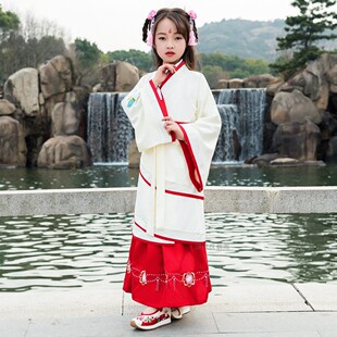 儿童汉服秦汉两绕曲裾女孩舞蹈演出服绣花国学礼服古装民族服