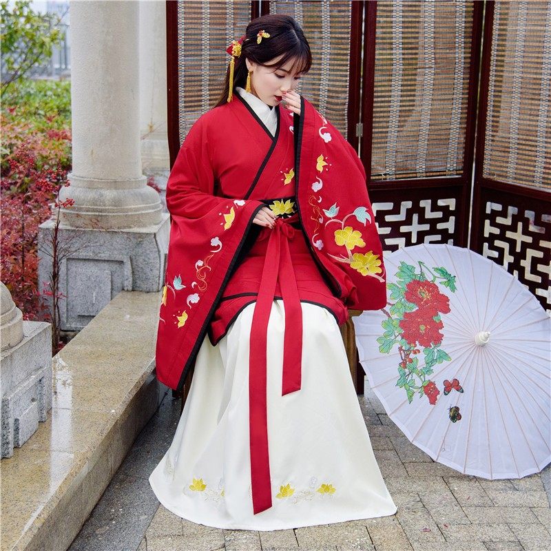 汉服新款女古装广袖双绕曲裾齐腰襦裙仙女日常刺绣花腰带舞台演出