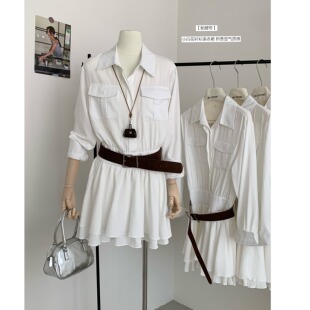 山茶白茉莉越素越爱留白衬衫立裁捏褶收腰衬衫裙女通勤腰带连衣裙