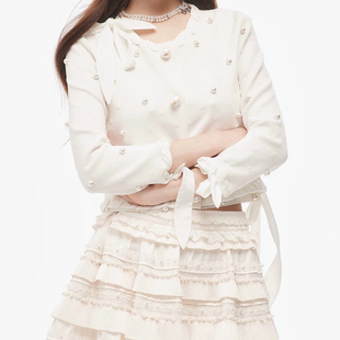 针织开衫 2025早秋新款 饰蝴蝶结系带圆领长袖 复古波点珍珠装 法式