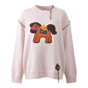 气质立体刺绣小马圆领宽松显瘦百搭针织衫 时尚 上衣 新款 2025冬季