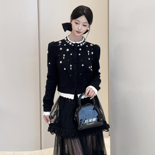 上衣 显瘦针织开衫 2025秋冬新款 设计感钉珠黑白撞色气质百搭修身