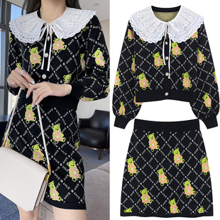 娃娃领灯笼袖 早春新款 高腰半身裙 女2025 卡通提花小熊套装