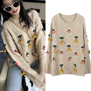 复古日系20秋勾花水果樱桃刺绣花朵甜美套头毛衣女韩版 学生 针织衫