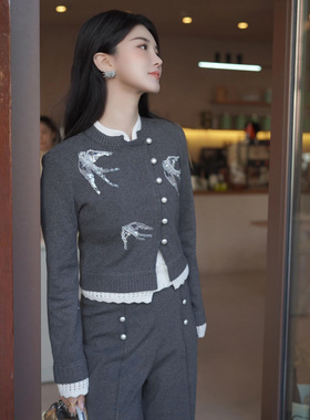 2025春季新款设计感华丽燕子刺绣斜门襟短款灰色时尚减龄针织衫