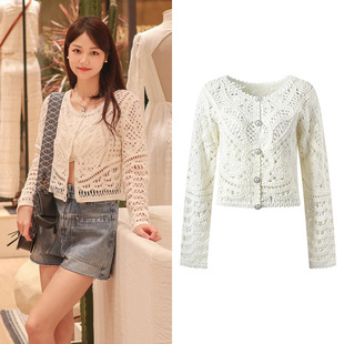 设计感正反两面穿小众温柔系百搭上衣白色镂空钩花针织开衫 外搭女