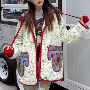 2025冬季 小熊手套刺绣针织连帽撞色拼接碎花宽松外套上衣 新款