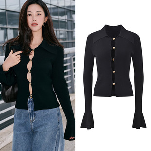 百搭针织衫 2025秋冬朱珠明星同款 显瘦时尚 修身 黑色镂空喇叭袖