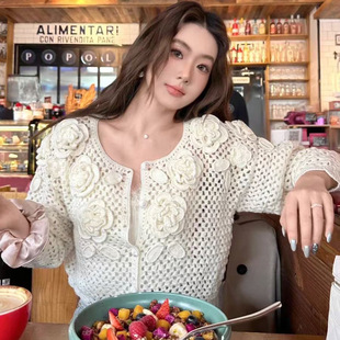 新款 开衫 法式 针织衫 上衣 浪漫氛围感立体钩花镂空圆领短款 2025夏季