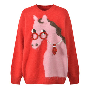 针织衫 百搭圆领宽松显瘦卡通图案甜美清新长袖 上衣 新款 2025冬季