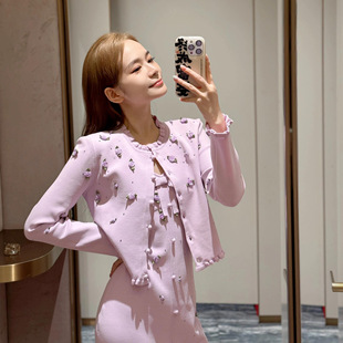 上衣吊带裙套装 名媛重工立体玫瑰紫色减龄木耳边短款 新款 2024秋季