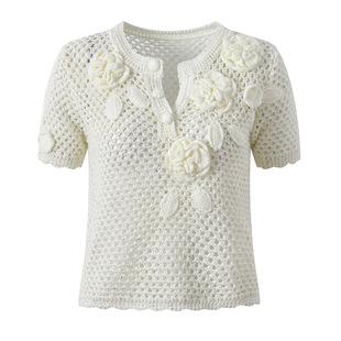 新款 圆领短袖 法式 针织衫 上衣 浪漫氛围感立体钩花镂空短款 2025夏季