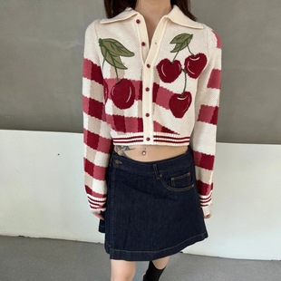 翻领针织开衫 2025秋季 百搭短款 樱桃提花甜美减龄时尚 外套 新款
