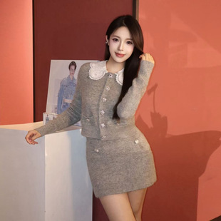 半裙两件套 减龄温柔风灰色针织开衫 2025秋冬新款 娃娃领时尚