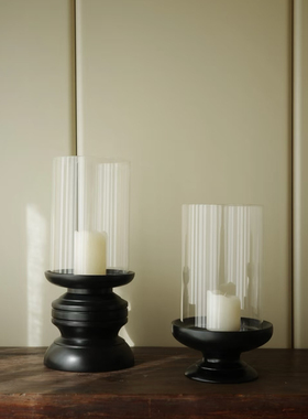 中古风复古实木玻璃罩烛台蜡烛摆件新中式售楼处客厅餐厅桌面饰品