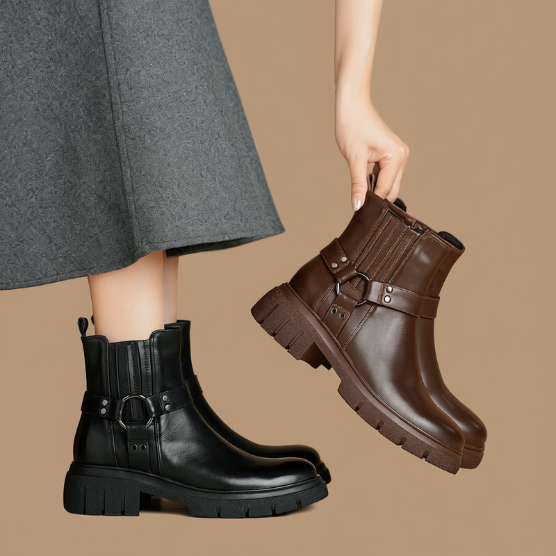 厚底松糕加绒短靴女新款真皮靴子