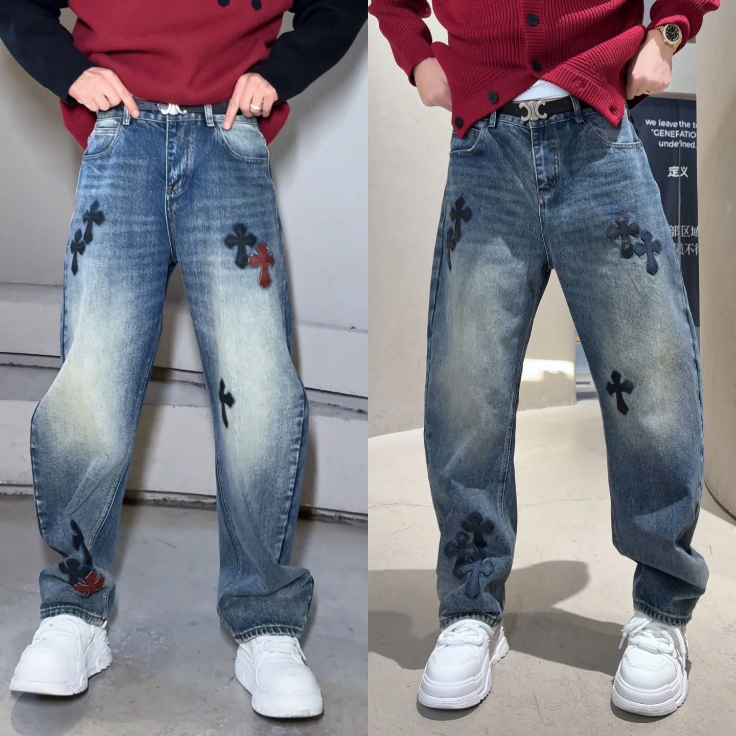 【直播间同款】爆款美式贴皮十字花牛仔裤男士休闲直筒裤潮男裤子