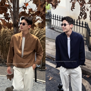 衬衫 秋季 休闲立领长袖 男士 假两件层次感高品质舒适透气上衣潮 新款