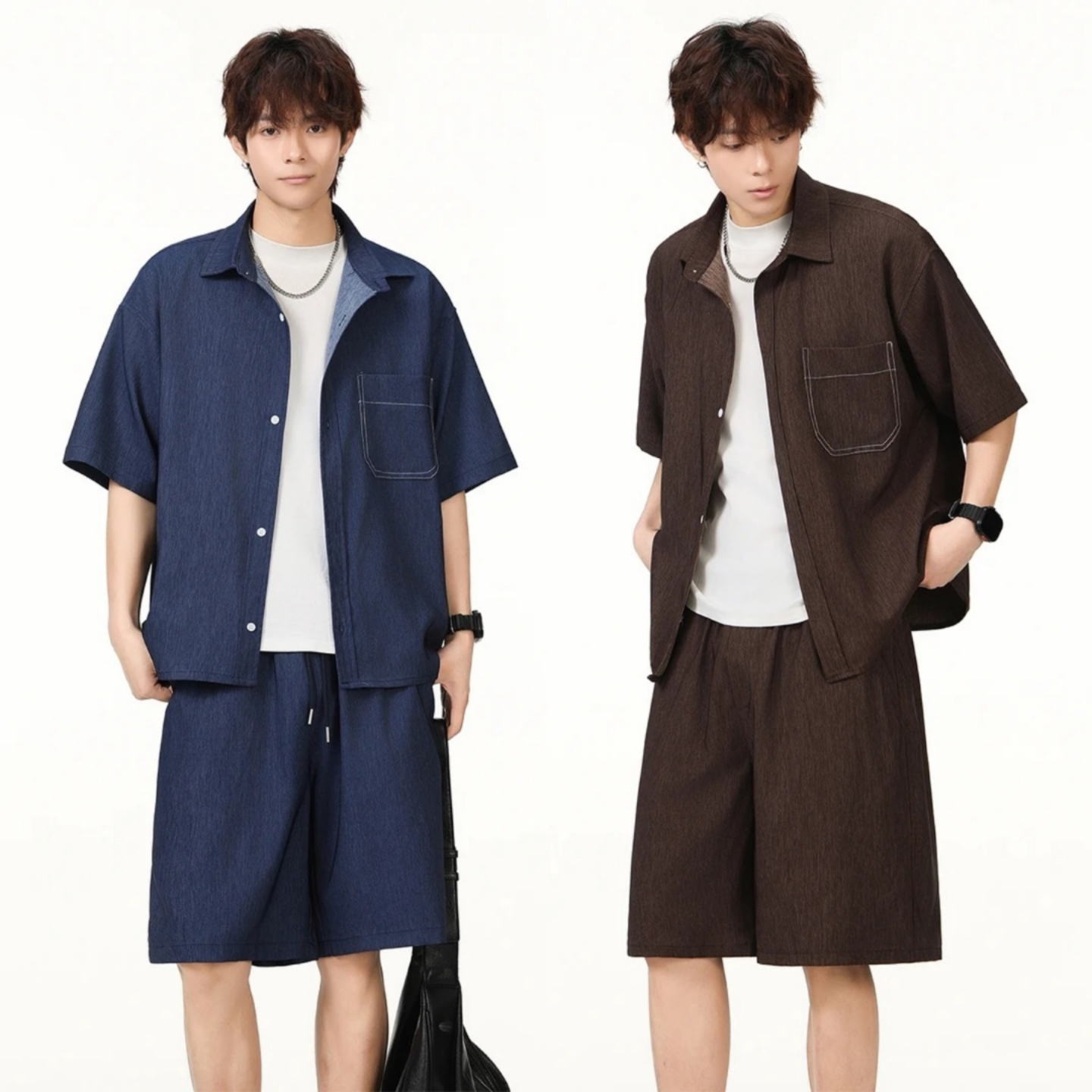 高级感慵懒都市休闲时尚减龄套装男款夏季短袖衬衫短裤宽松两件套