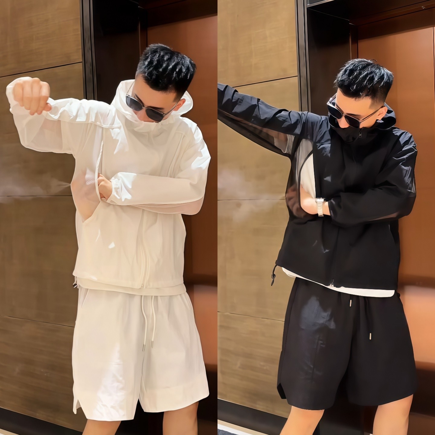 【直播间同款】夏季防晒超薄凉感拼接透气网套装长袖短裤男士套装