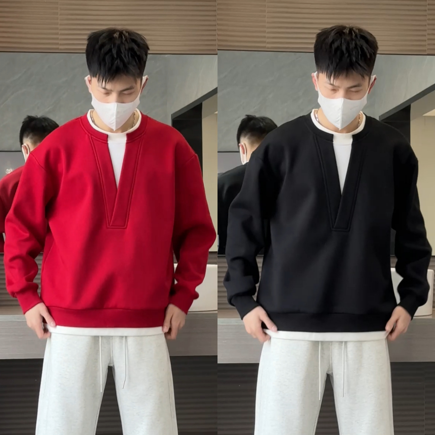 假两件撞色拼接圆领卫衣