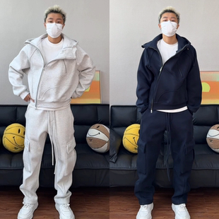 冬季潮牌休闲加绒两件套男重磅连帽卫衣休闲大口袋卫裤套装高品质