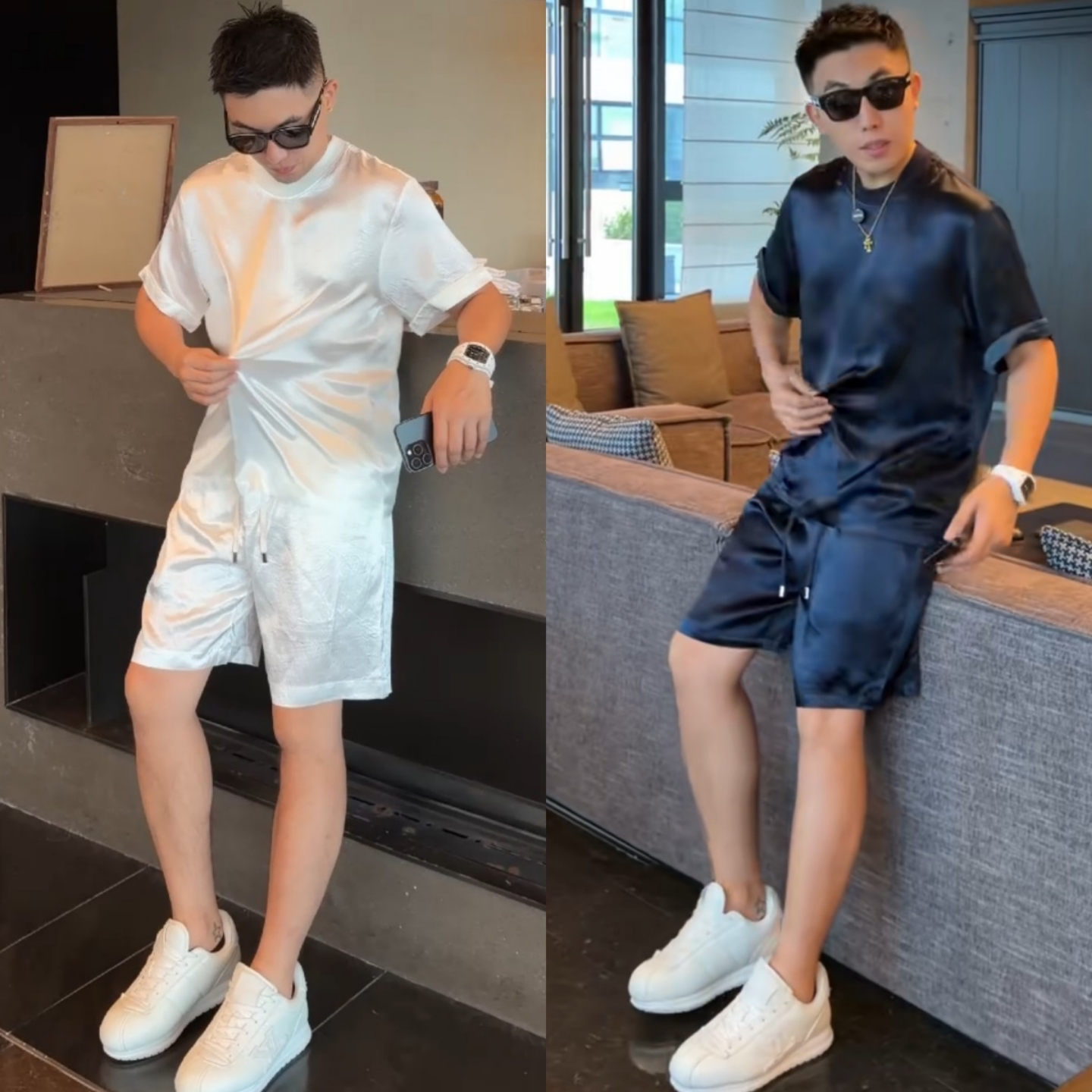 老钱简约纯色休闲短袖T恤短裤