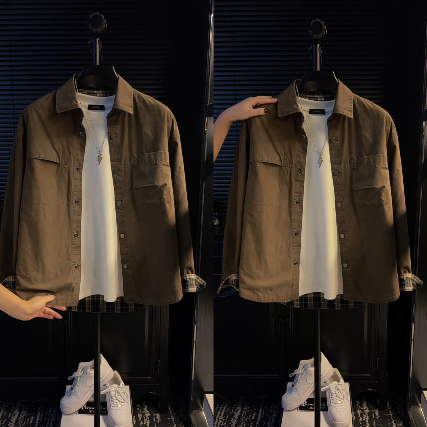 直播间同款秋季男士夹克格子工装衬衫美式复古重磅翻领长袖外套男