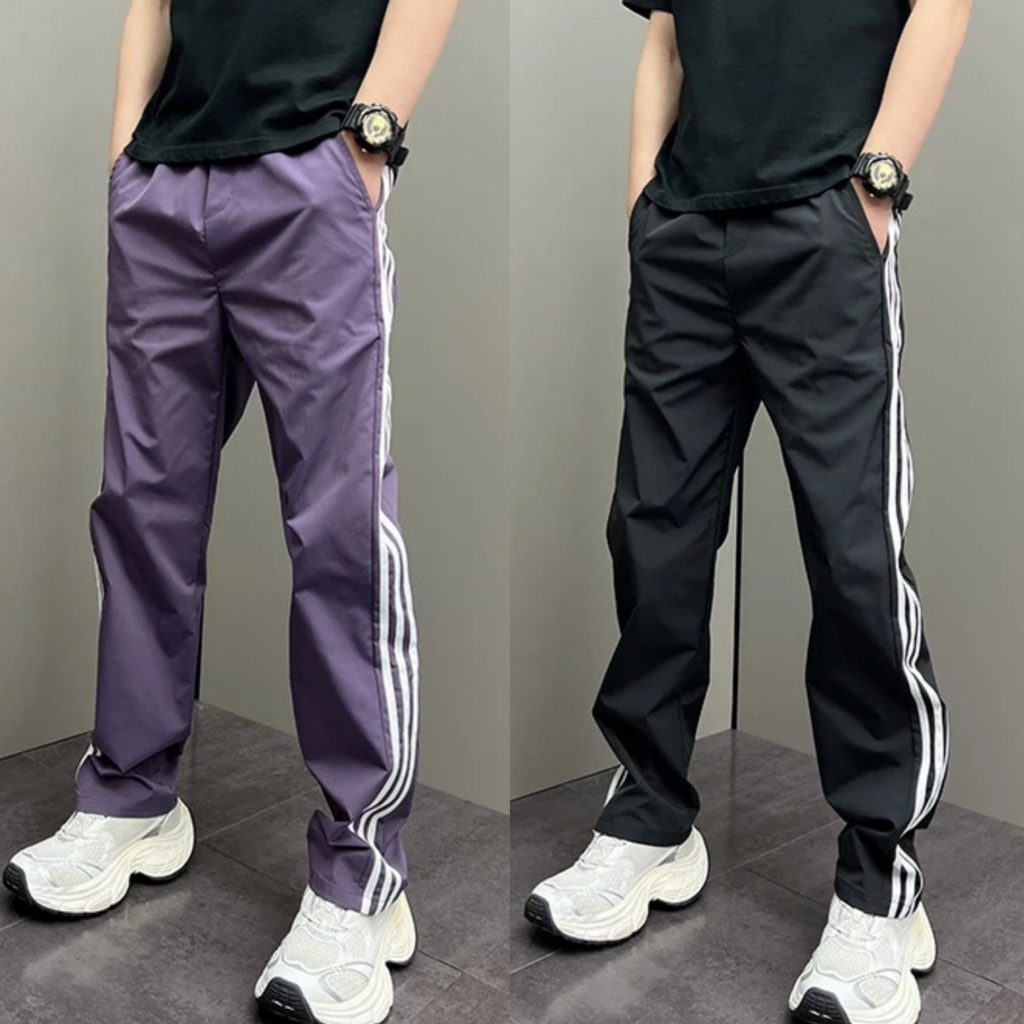 新款时尚活力休闲运动风垂坠感阔腿裤春季宽松条纹拼接三条杠卫裤