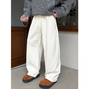 新款 子男女同款 桑蚕丝羊毛混纺休闲裤 百搭宽松加厚长裤 男士 秋冬季