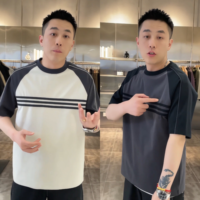 直播间同款夏季新款短袖T恤男款撞色条纹设计时尚潮流舒适百搭