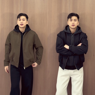 冬季假两件拼接连帽加厚外套男美式飞行员休闲夹克男生衣服高级感