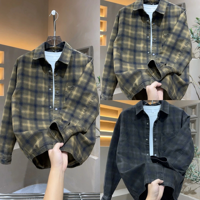 秋季潮流百搭翻领格衬衣外套