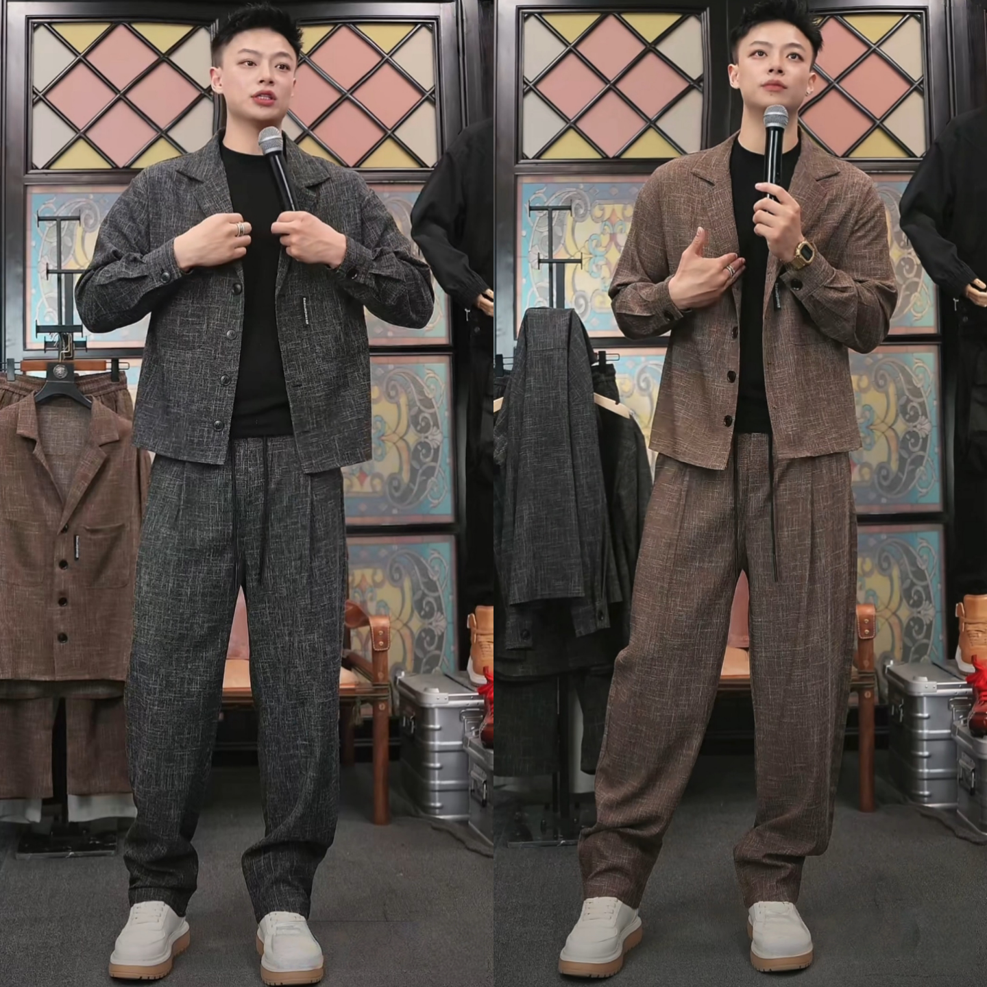 春季新款老钱风男士套装轻奢气质西装领纽扣外套垂坠感长裤两件套